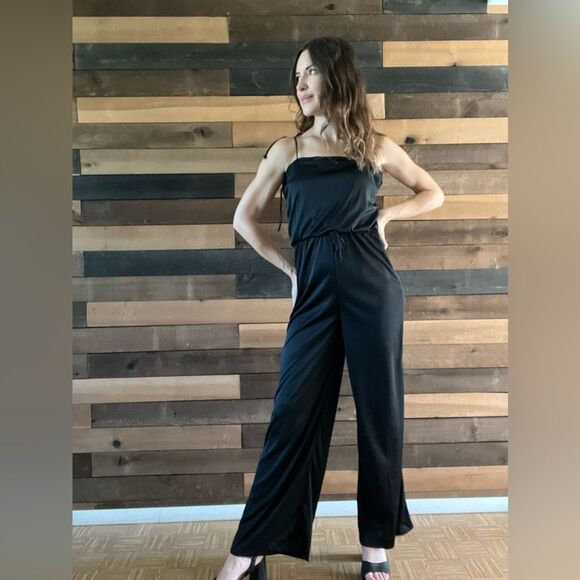Vintage 70s Union Made Black Disco Jumpsuit Adjustable Straps Zip Back - Picture 4 of 14
